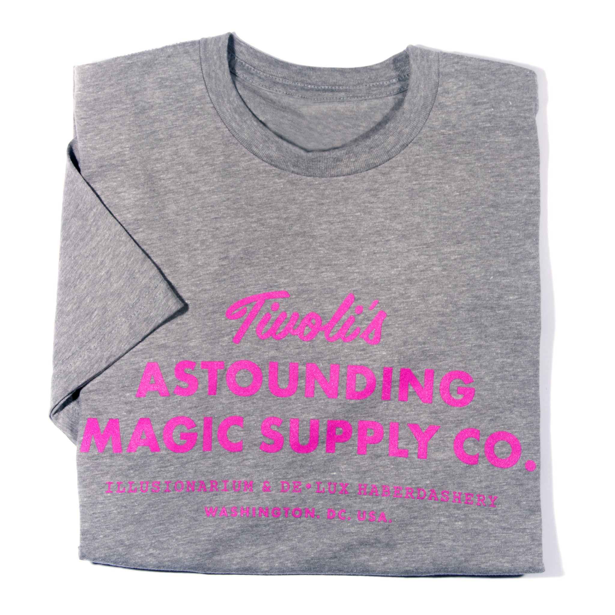 Grey shirt with Tivoli's Astounding Magic Supply Co. logo in pink.