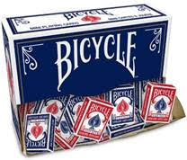 1.7" wide by 2.5" tall standard Bicycle playing cards. Comes in red or blue.