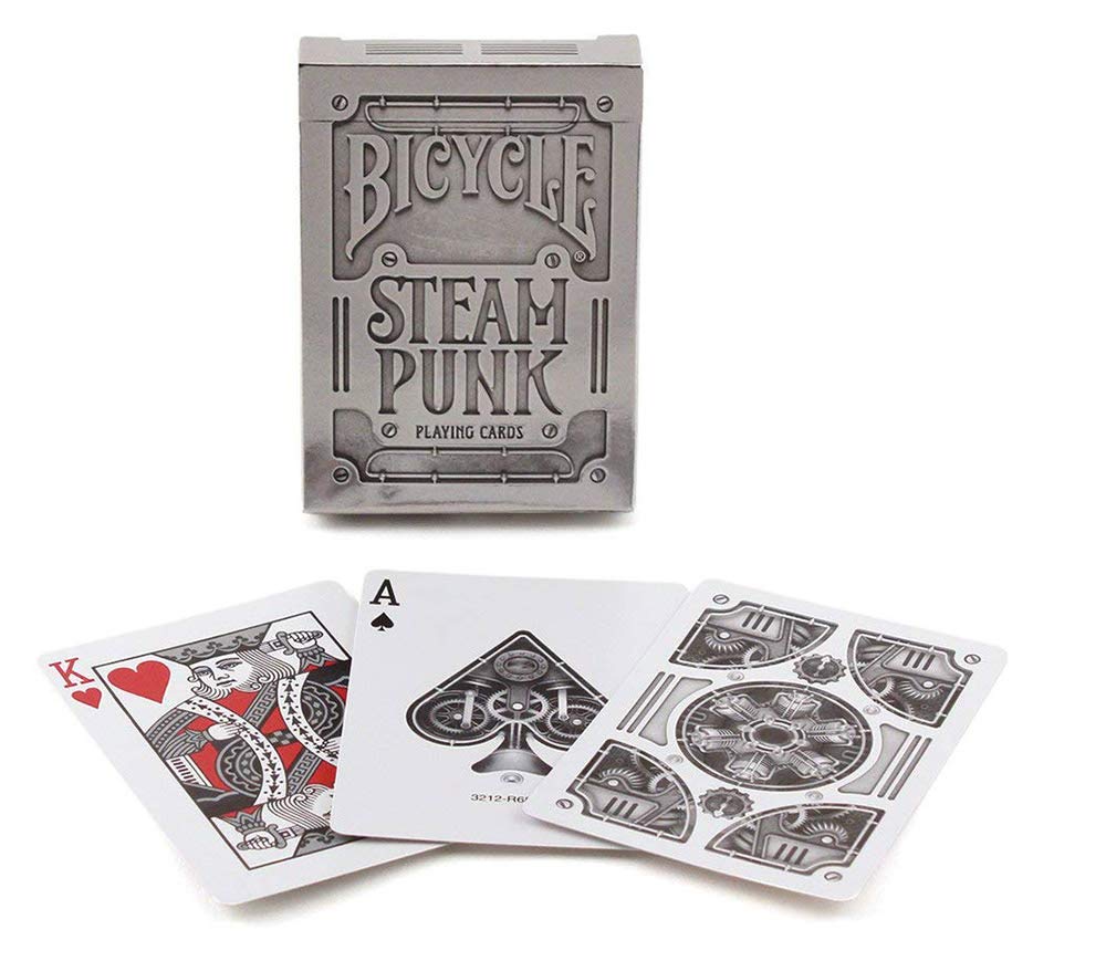 Standard Bicycle playing cards with rusted metallic silver packaging. Cards come with machine illustrations.