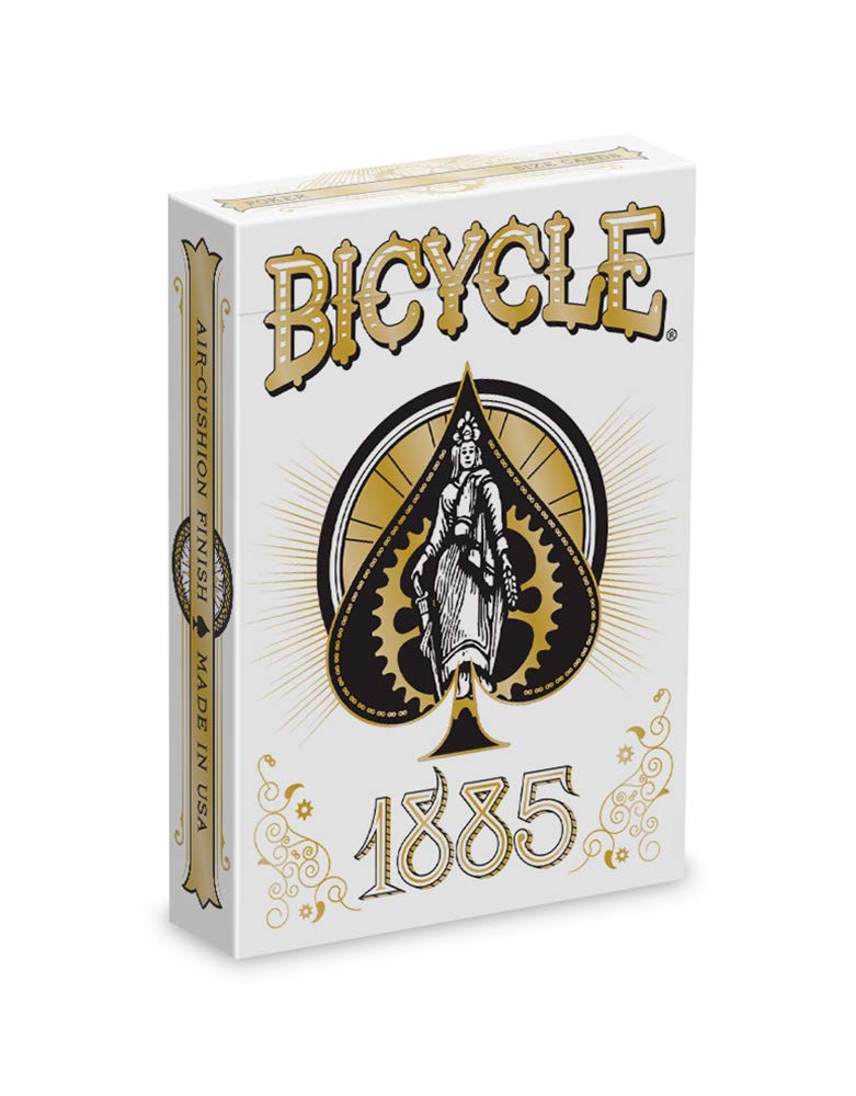 The Bicycle 1885 deck; comes in a white box with a female-presenting character and a gear inside of a spade shape.