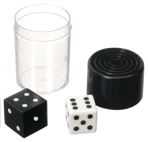 Two-inch clear plastic cylinder container with a black lid. Magnet underneath the lid allows the black dice cover to stick, dropping the white dice to the bottom once the container is shaken.