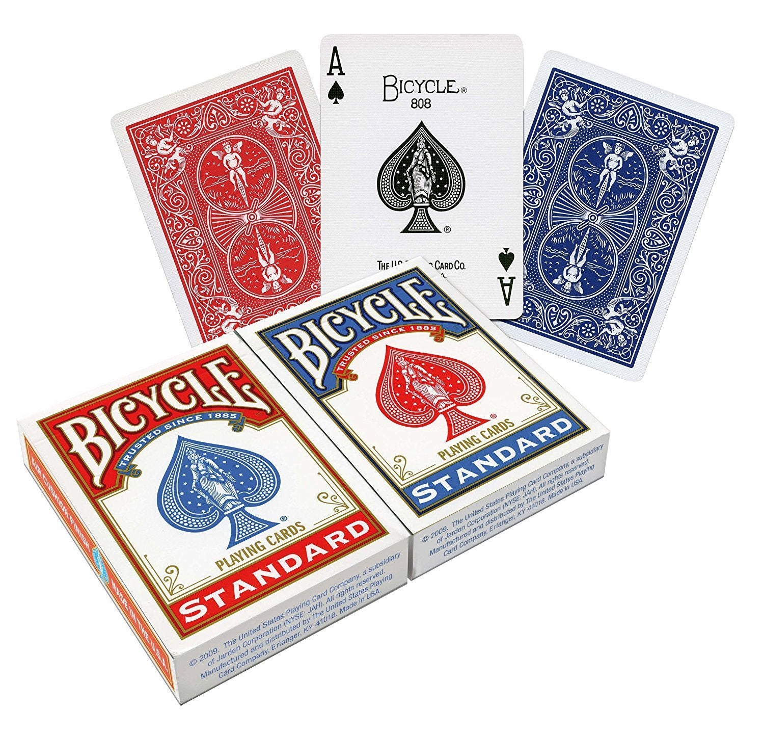 Standard Bicycle playing cards with a spade design on the cover. Can purchase either red or blue package that comes with the respective color on the back of playing cards.