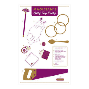 White poster with purple and gold designs. Illustrations of magic items including: linking rings, a rabbit, a pair of playing cards, a spoon, and others.