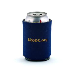 Navy blue foam koozie, perfect for cans. Tivoli's logo on one side with 826dc.org on the other.