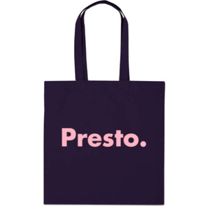 24 inch by 24 inch made of cotton blend. Navy blue with "Presto." in pink font.