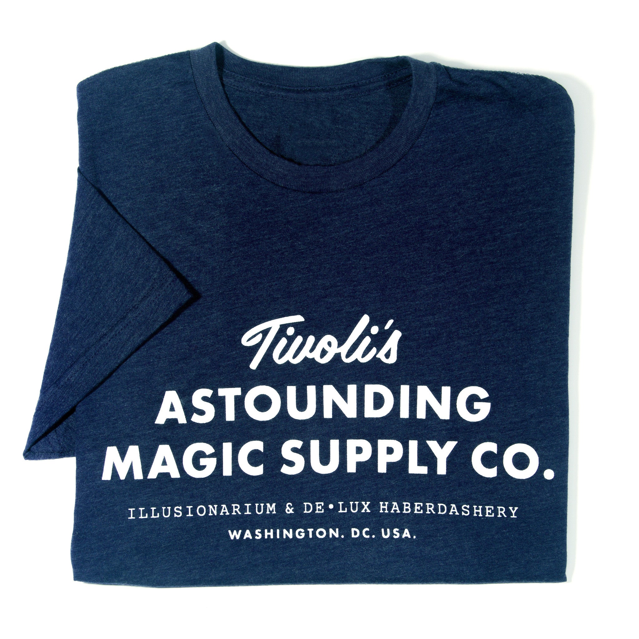 Navy blue shirt with Tivoli's Astounding Magic Supply Co. logo in white.