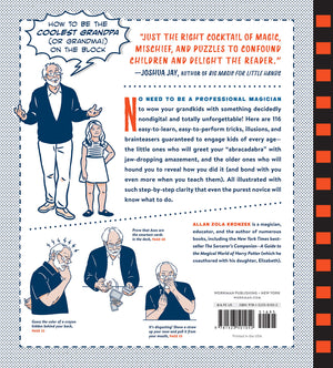 Book's back cover. Comic book-style illustrations of an elderly man performing card tricks. Provides a description of the book and about the author.