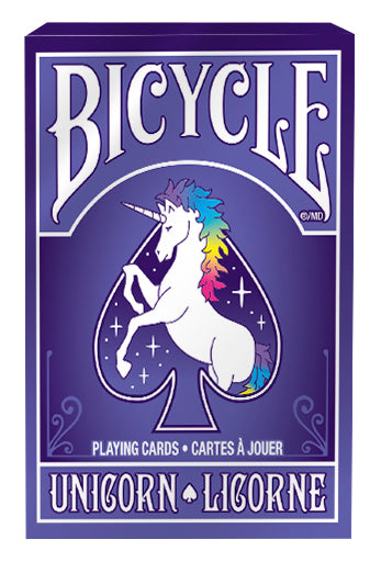 Bicycle Unicorn deck comes in blueish-purple package with a unicorn design inside a spade shape.