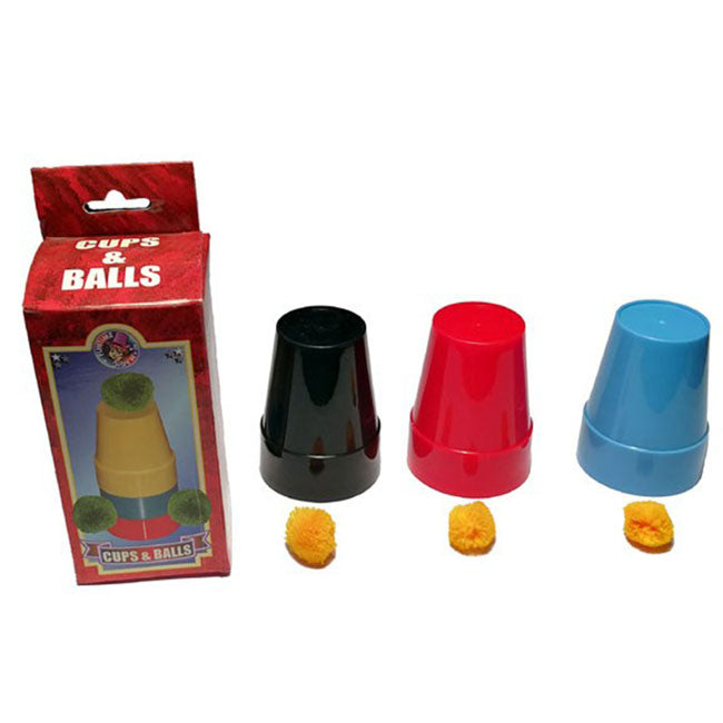 Three 3 inch tall plastic cups in black, blue, and red. Four small orange sponge balls.