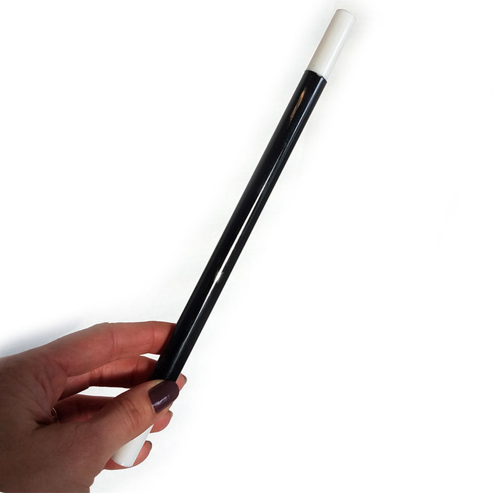 12 inch long magic wand. Black with white tips at both ends.