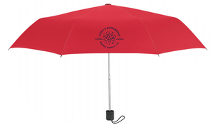 Umbrella with a small black bottom handle extends roughly 2.5 feet. Red with a navy blue 826DC/Tivoli's logo.