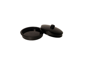 4.25 inch diameter black plastic production pan. Turn and lock the lid into a position that attaches it to the middle layer.