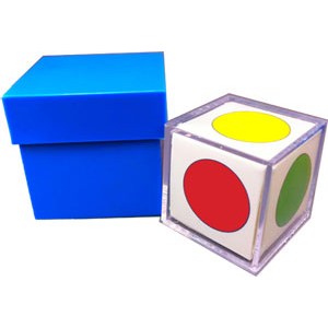 A 2 inch blue cube that comes with a lid. The blue cube has one side opened so that you can see the color picked on the white cube that goes inside. The white cube's six sides come with circles in these colors: red, yellow, green, orange, blue, and purple.