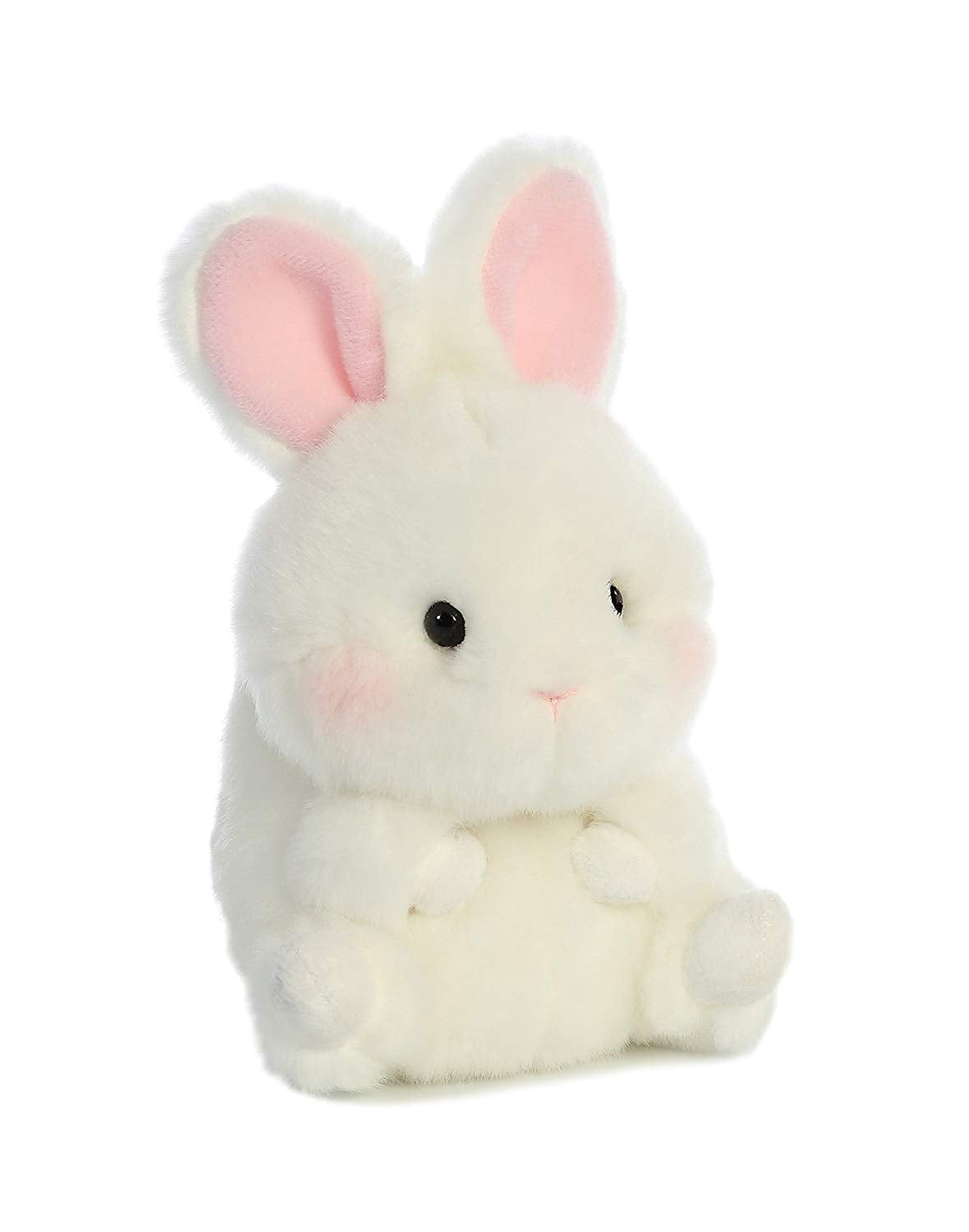 5 inch tall plush white rabbit. Pink ears and black eyes.