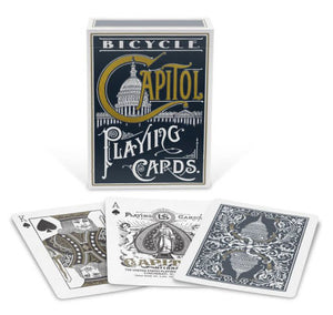 Washington Capitol building design on the package. Black and white package with gold lettering. Mirroring Capitol designs on the back of playing cards.