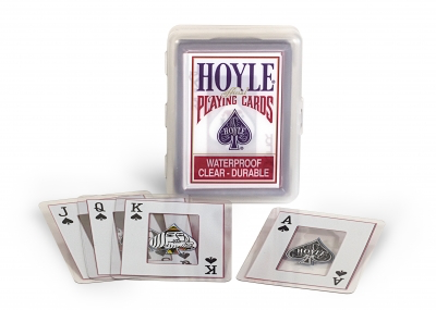 Hoyle standard playing cards. Waterproof, clear, and durable. Cards are laminated in plastic, with designs against a clear background.
