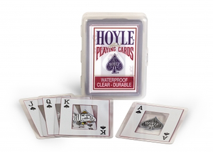 Hoyle standard playing cards. Waterproof, clear, and durable. Cards are laminated in plastic, with designs against a clear background.