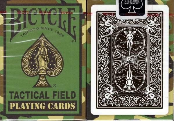 The Bicycle Tactical Field Playing Cards have a green camouflage pattern.