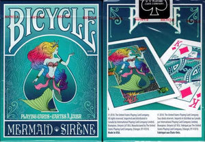 The Bicycle Mermaid deck features a mermaid with colorful hair sitting in a spade shape. Turquoise package color resembling ocean.