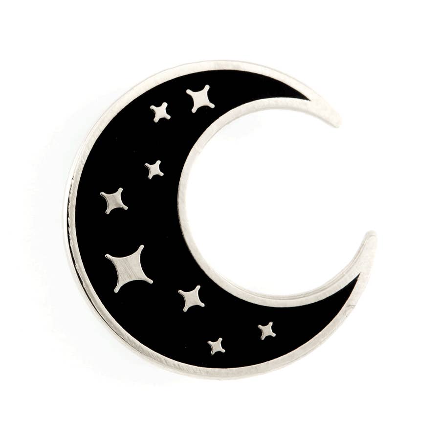 One inch silver pin shaped in a black crescent moon. Star patterns inside the shape.