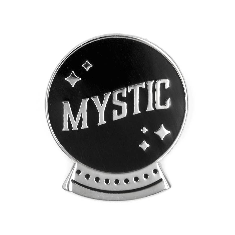 1 inch metallic silver pin. Crystal ball-shaped in black with "MYSTIC" and stars inside.