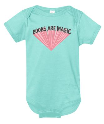 Cyan onesie with "Books Are Magic" design in the middle.