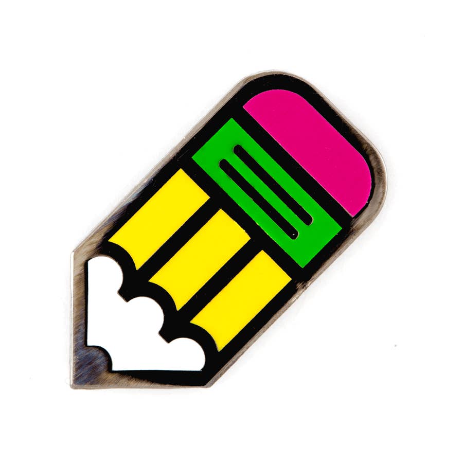 1 inch pin shaped like a pencil. White wood, yellow body, green metal, pink eraser. 