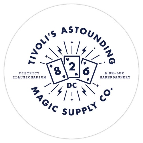 2.5" x 2.5" circle sticker. Combined 826DC and Tivoli's logo in blue font against white background.