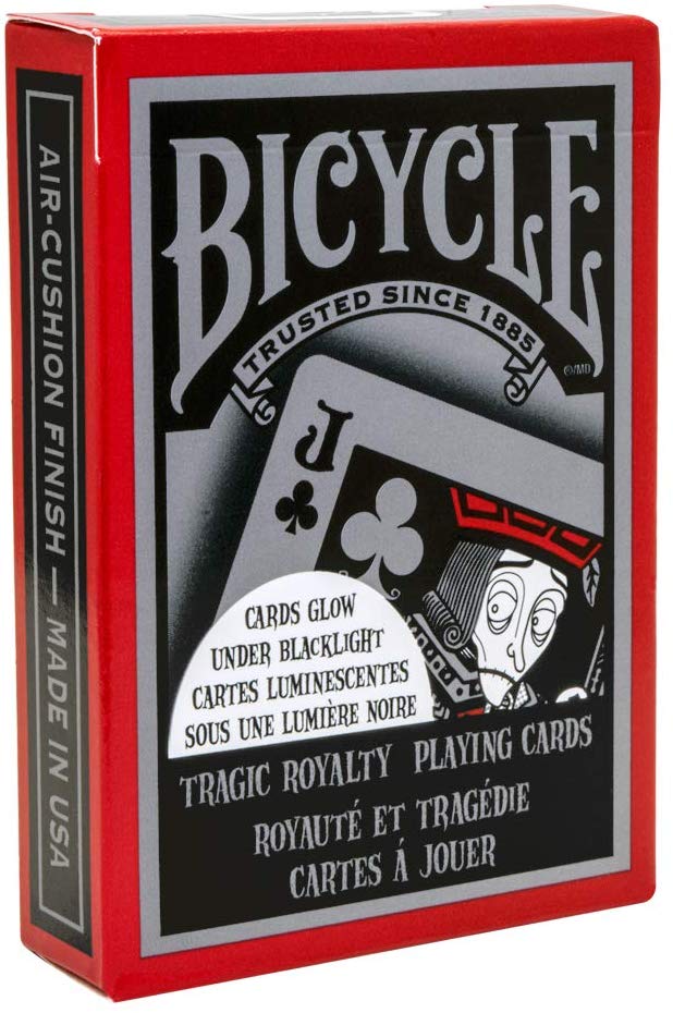 Bicycle Tragic Royalty playing cards package is in red with grey and black jack of clubs design. Cards glow in the dark under blacklight.