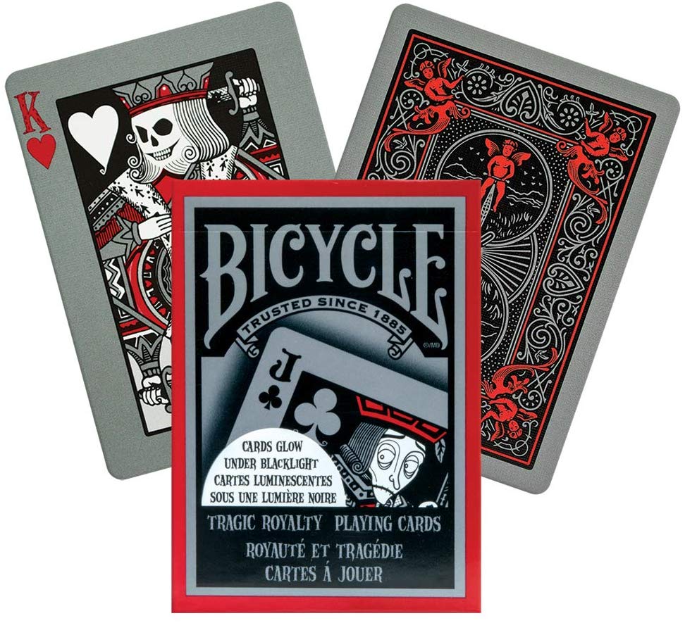 Playing cards' designs are in black, red, and grey.